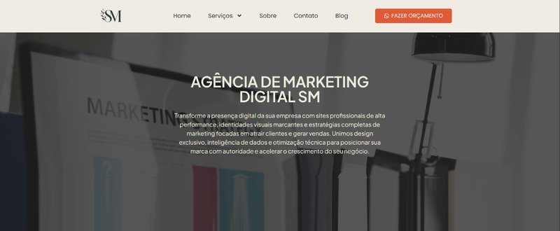 Interface da página inicial da Agência Digital SM com soluções digitais